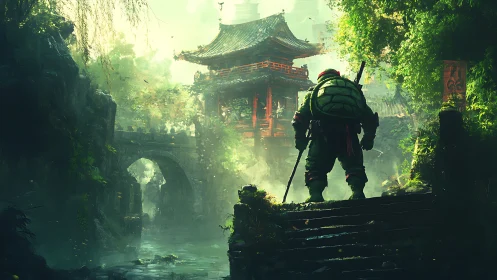 Lone turtle warrior pauses at a misty hidden temple path.
