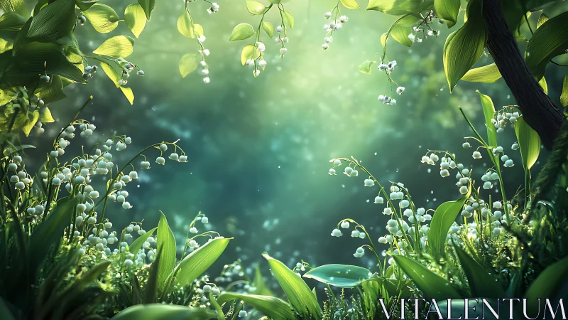 Lily of the Valley Blooms in Luminous Green Garden.