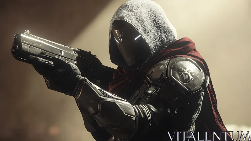 Hooded space guardian aims forward with quiet resolve.