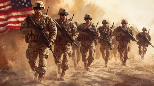 US soldiers advance through desert dust under national flag