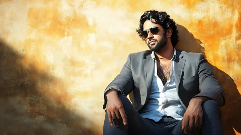 Man in gray suit sitting against textured yellow wall.