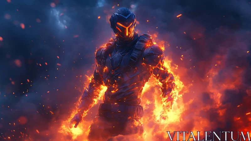 Fiery armored hero emerging boldly from swirling smoke.