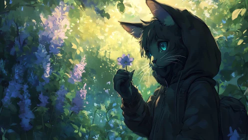 Cat wanderer studies violet bloom in glowing forest