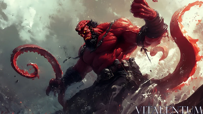 Monstrous red demon warrior with tentacles in storm surge