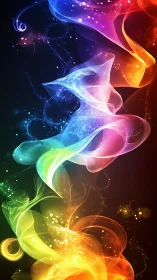 Colorful light ribbons twist vertically against dark background.