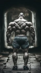 Muscular male bodybuilder standing in dark stone tunnel.