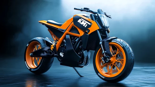 High-torque orange streetfighter motorcycle in studio fog.
