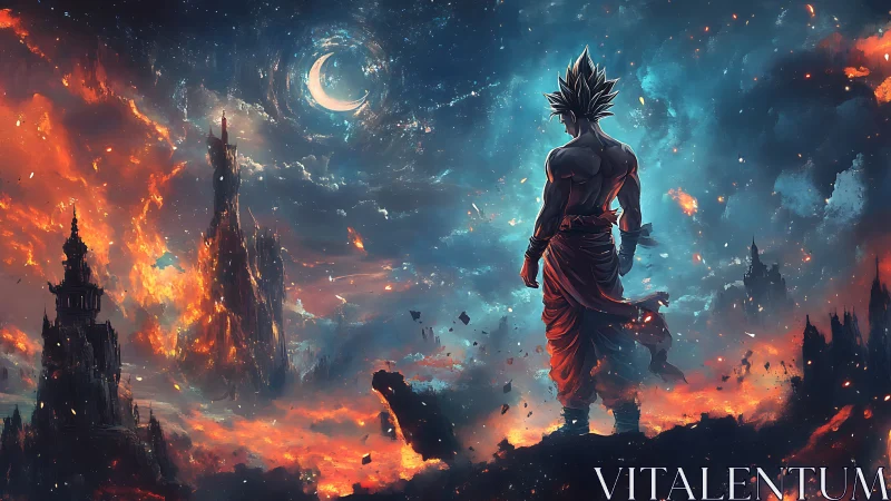 Backlit warrior studies burning fantasy skyline under crescent vortex