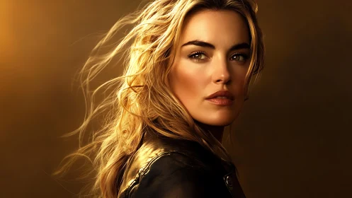 Golden backlit portrait of blonde woman in leather jacket.