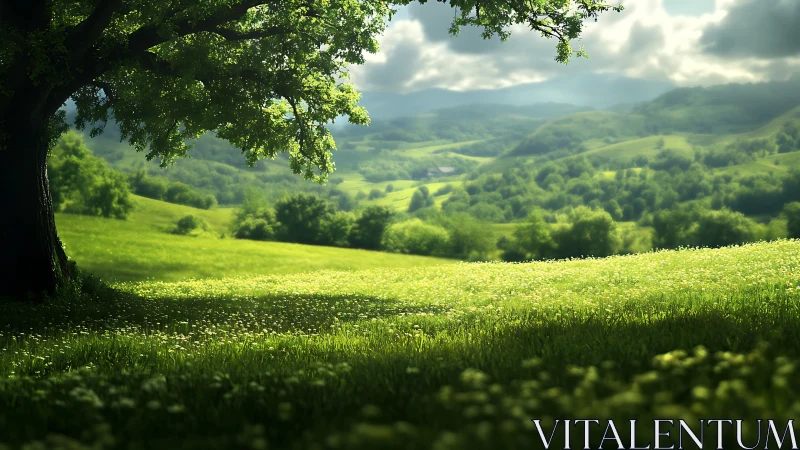 Sunlit tree overlooks rolling grassy hills and distant valley