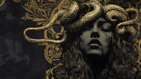 Baroque Medusa portrait with chiaroscuro serpents and etched gold