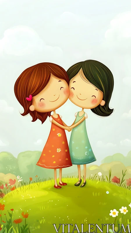 Two figures with distinct hair colors stand holding hands outdoors among flora.