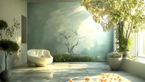 Sunlit indoor garden bathroom merges nature and minimalism.