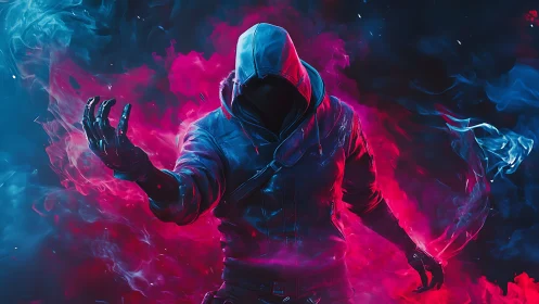Hooded rogue commands neon smoke in electric void.