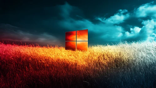 Glowing window emblem rises over fiery and frosted field