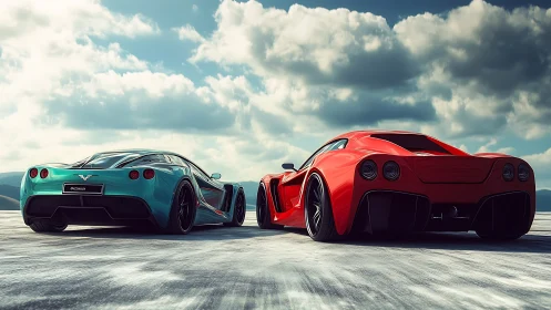 Twin hypercars dominate coastal runway under stormy sky.