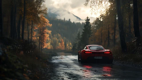 Red sports car on wet forest road in autumn rain.