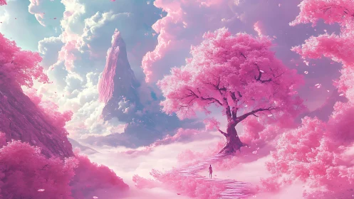 Solitary traveler walks dreamlike path through pink sky forest