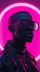 Shaved head portrait stands before neon pink circular light ring