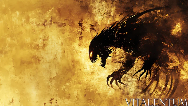 Shadow dragon emerges from burning golden haze of chaos.