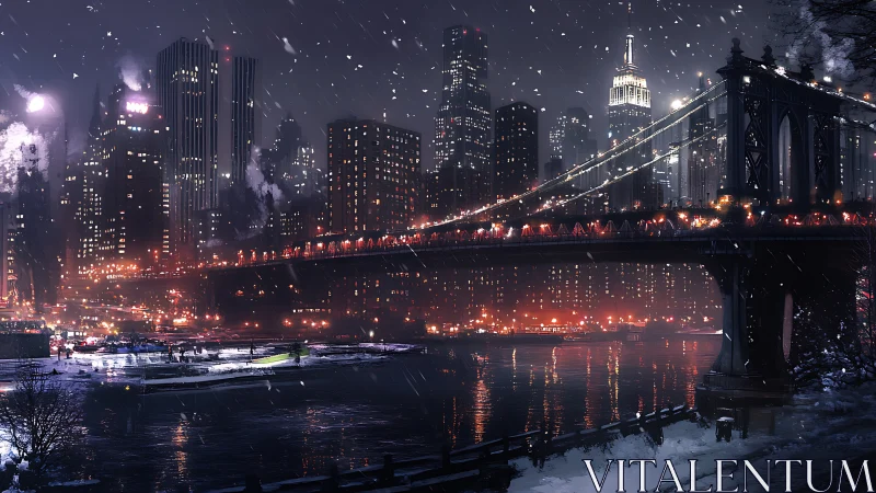 Snowy urban riverfront with illuminated suspension bridge.