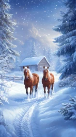 Chestnut horses on snowy forest track before cabin at dusk