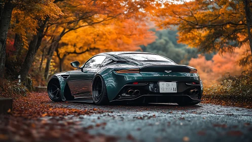 Low sports coupe rests on wet forest road under autumn canopy