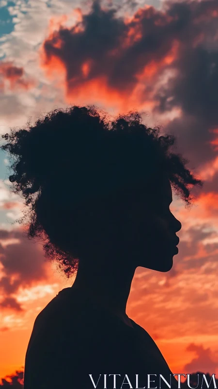 Silhouetted profile contrasts sharply against flaming sunset sky