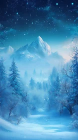 Snowy mountain valley glows under deep blue starlit sky