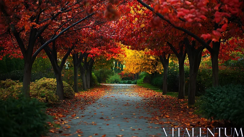 Tree-lined autumn path glows with rich red and golden foliage