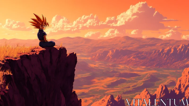 Anime warrior meditating on sunset cliff above vast valley
