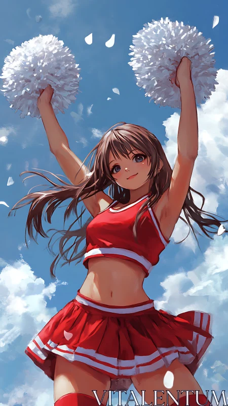 Anime cheerleader in red uniform under bright sky.