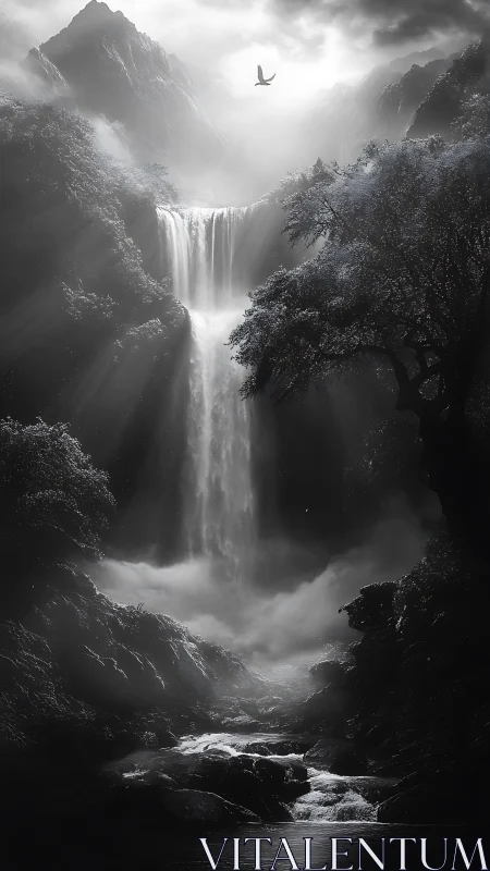 Mystic waterfall valley wrapped in soft silver morning light.