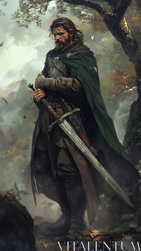 Weathered ranger pauses as his sword remembers old wars