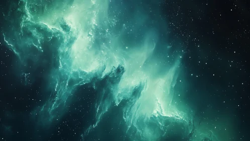 Turbulent teal emission nebula with dense stellar field study.