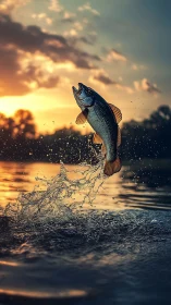Leaping fish breaks sunset lake surface in dramatic splash.