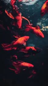 Scarlet koi glide through shadowed water in tranquil harmony