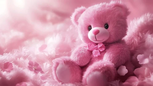 Soft pink teddy bear toy posed on fluffy petals background.