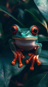 Red-eyed tree frog grips glossy jungle leaf at dusk.