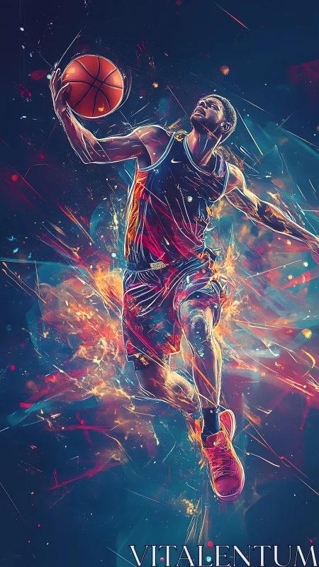 Electric basketball dunk explodes through neon motion trails