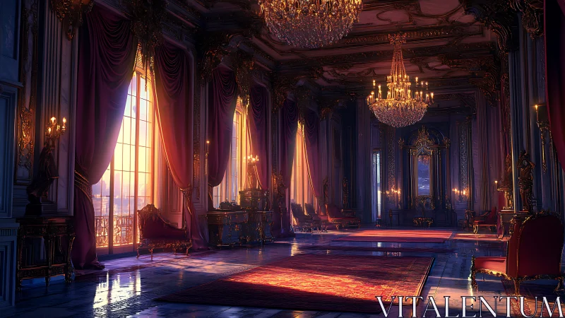Golden sunset floods an opulent baroque palace hall