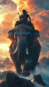 Warrior on armored elephant advances through cinematic sunset haze