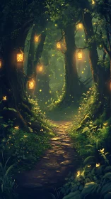 Illuminated Forest Pathway with Lanterns.