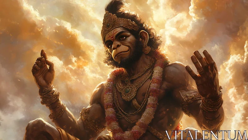 Powerful monkey deity figure seated amid glowing clouds.