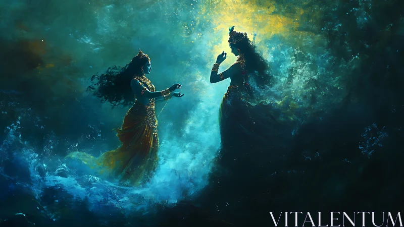 Divine figures rise in luminous ocean mist and swirling light