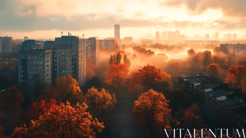 Autumn city skyline emerging through glowing morning fog.
