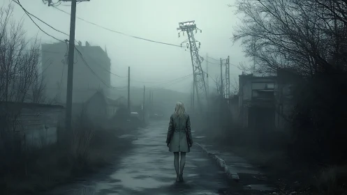 Solitary figure on wet road in foggy derelict district.