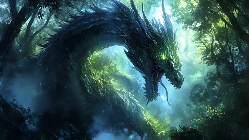 Emerald forest dragon emerging through luminous mistscape.