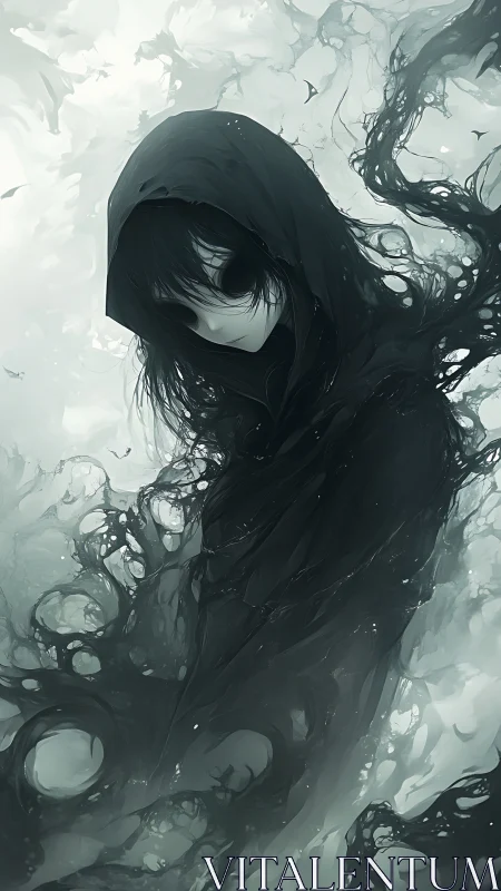 Hooded void-wraith dissolving into viscous monochrome vapors.