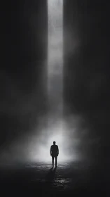 Solitary figure walking toward a quiet doorway of light.